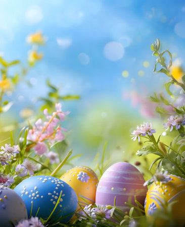 Colorful Easter eggs in a lush spring meadow. A festive image celebrating Easter.