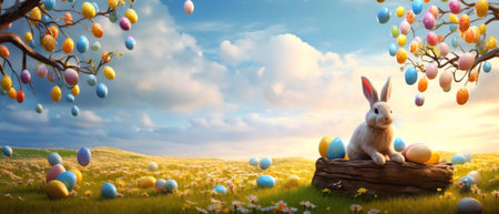 A white Easter bunny sits amidst colorful eggs on a log in a vibrant springtime meadow. A magical scene!の写真素材