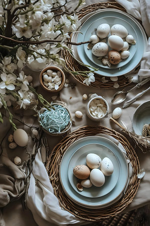 A beautiful Easter table setting featuring speckled eggs, delicate floral arrangements, and elegant...
