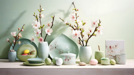 Pastel Easter scene with blooming branches, porcelain dishes and decorative eggs.