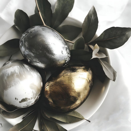Three metallic Easter eggs, gold and silver, rest in a bowl surrounded by lush green leaves.の写真素材