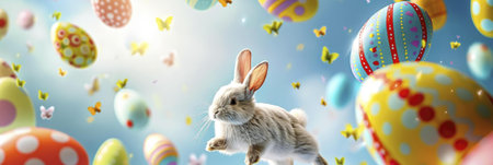 A fluffy white bunny hops amidst a shower of colorful Easter eggs and butterflies. A joyful spring scene!の写真素材