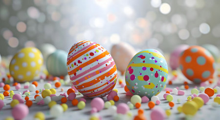 Vibrant painted Easter eggs surrounded by pastel candies. A joyful springtime scene.