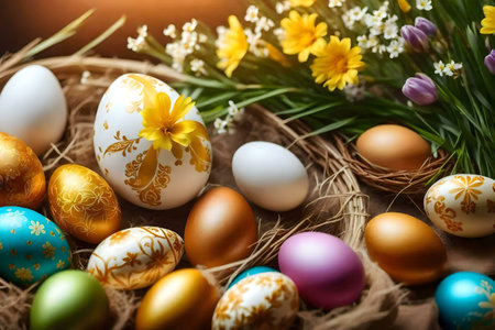 Decorated Easter eggs in a rustic nest, surrounded by spring flowers. A beautiful spring scene.