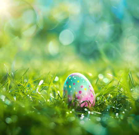 A vibrant painted Easter egg nestled in a lush green meadow, symbolizing spring's arrival and the...