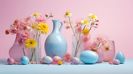 A beautiful springtime Easter arrangement featuring pastel-colored flowers and eggs in delicate vases on a pastel table.の写真素材