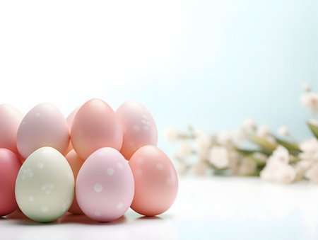 A pile of pastel colored Easter eggs in a beautiful springtime setting.の写真素材