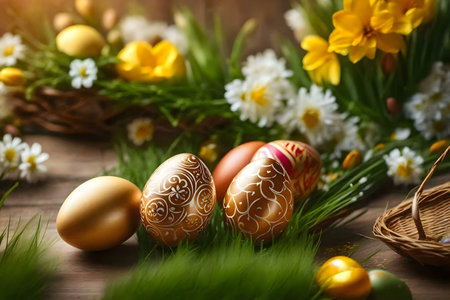Golden Easter eggs decorated with intricate designs, surrounded by spring flowers and grass. A...