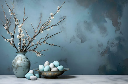 A tranquil scene featuring delicate blue eggs and blossoming branches in a rustic vase against a...