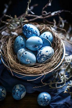 Spectacular blue eggs in a bird nest, a serene spring scene.の写真素材
