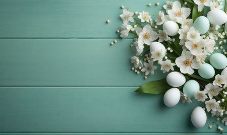 Easter eggs and delicate white flowers create a serene spring scene.