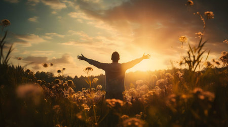 A man silhouetted against a vibrant sunset, arms outstretched, embodies serenity and connection with...