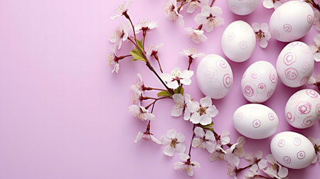 Pastel pink background with delicately decorated white Easter eggs and vibrant cherry blossoms. A...
