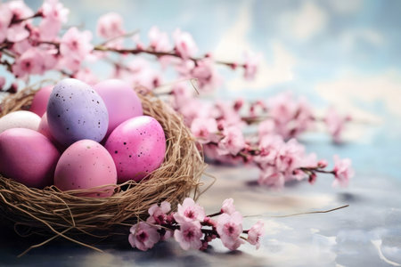 Pastel-colored Easter eggs nestled in a bird's nest surrounded by delicate pink spring blossoms.