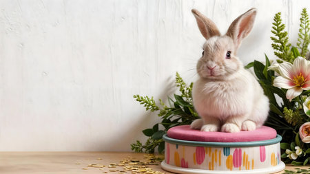 A charming fluffy bunny sits on a decorative pink stand surrounded by vibrant spring flowers. Pastel colors and a cheerful setting.の写真素材