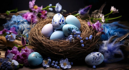 Pastel blue and purple eggs in a bird's nest, surrounded by spring flowers and feathers.