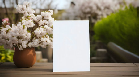 A blank white card stands on a wooden table, with a vase of white spring flowers and a blurry spring...