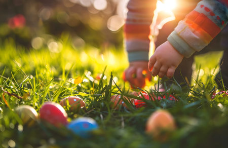 A cute toddler searches for colorful Easter eggs hidden in a lush green meadow bathed in warm sunlight.の写真素材