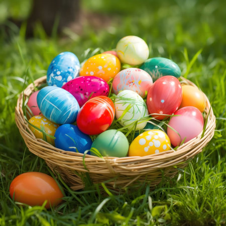A wicker basket overflowing with brightly colored Easter eggs sits nestled in lush green grass,...