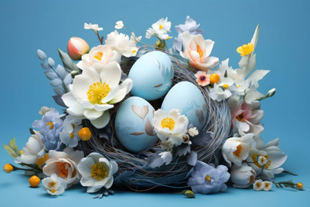 Delicate pastel blue eggs rest in a bird's nest surrounded by a vibrant spring floral arrangement.