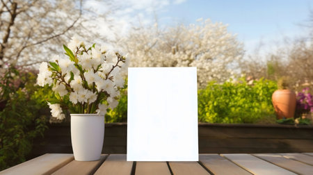 A springtime scene with white blossoms in a white pot, next to a blank sign, perfect for your design.の写真素材