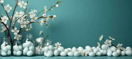 White Easter eggs in glass jars, adorned with delicate spring blossoms against a teal backdrop.