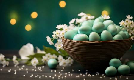 A delightful Easter image featuring pastel teal eggs nestled in a bird's nest, surrounded by...