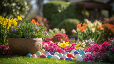 Colorful Easter eggs hidden among blooming spring flowers in a vibrant garden. A perfect Easter scene.の写真素材