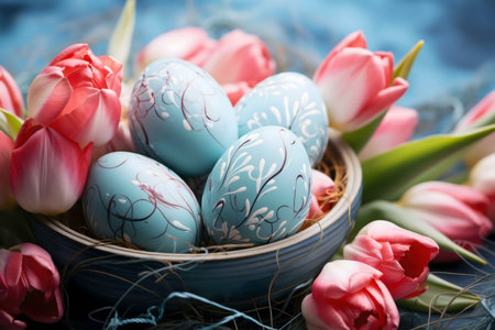 A delightful Easter scene featuring beautifully painted blue eggs nestled in a bowl surrounded by...