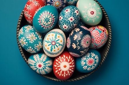 A bowl of beautifully painted Easter eggs in various vibrant colors and intricately designed designs. A festive spring celebration.の写真素材