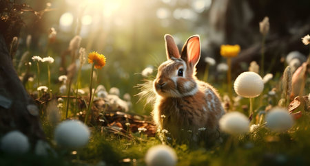 A charming bunny sits amidst blooming wildflowers bathed in the warm glow of sunlight. A picturesque spring scene.の写真素材