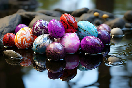 A beautiful image of many painted easter eggs reflected in water.の写真素材