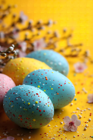 Close-up of colorful Easter eggs decorated with pastel colors and dots, surrounded by delicate spring blossoms on a yellow background.の写真素材