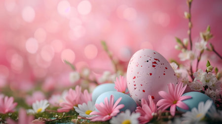 Pretty pastel pink and blue Easter eggs in a bed of spring flowers.