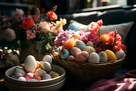 A delightful Easter scene featuring vibrant, painted eggs in wicker baskets, surrounded by colorful...