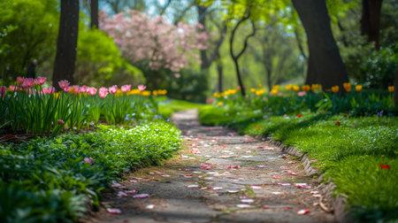 Peaceful garden path lined with vibrant tulips and lush greenery. A serene spring scene.
