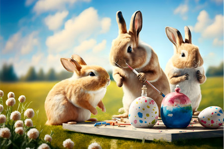 Three adorable bunnies paint colorful Easter eggs in a bright, sunny meadow. A joyful springtime scene.の写真素材