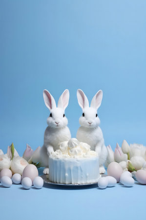 White bunnies and pastel Easter cake