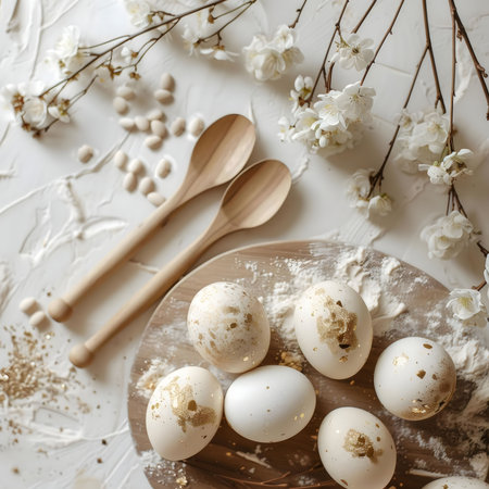 White and gold decorated Easter eggs on a wooden board, surrounded by flour, wooden spoons, and blooming spring branches.の写真素材