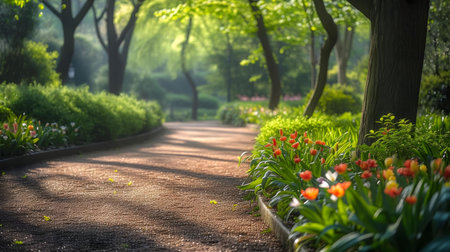 A sunlit path winds through a vibrant spring garden, lined with blooming tulips and lush greenery. Tranquil and peaceful atmosphere.の写真素材