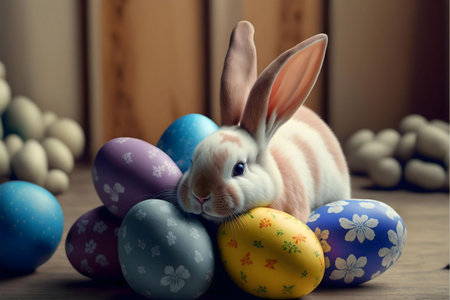 A charming image of a fluffy bunny nestled amongst vibrant Easter eggs. A perfect representation of springtime joy.の写真素材