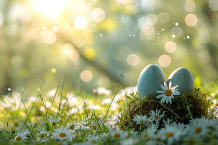 Two light blue eggs nestled in a mossy nest amongst blooming daisies, bathed in soft sunlight. A...