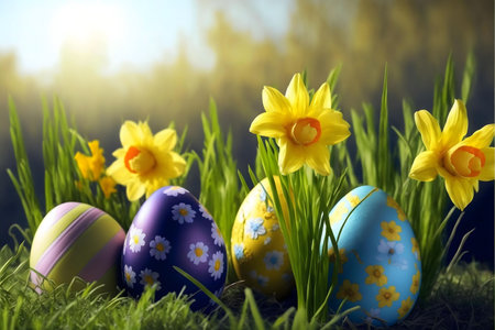Delightful Easter eggs adorned with floral designs, nestled amongst blooming daffodils in lush green...