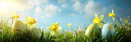 A vibrant image of decorated Easter eggs nestled amongst daffodils in a sun-drenched spring meadow.