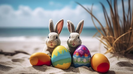 Two cute Easter bunnies on a sunny beach with colorful Easter eggs. A perfect springtime scene!