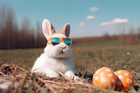 A cute white bunny wearing sunglasses sits in a field with Easter eggs.