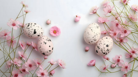 Pink Easter eggs with black spots surrounded by delicate pink blossoms. A springtime celebration.の写真素材