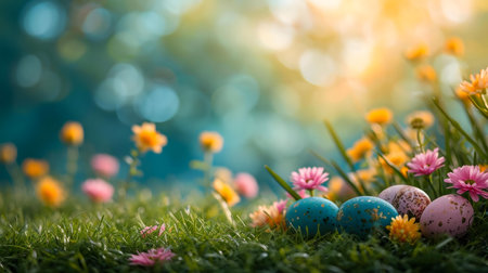 Colorful Easter eggs hidden amongst beautiful spring flowers in vibrant green grass. A perfect image...