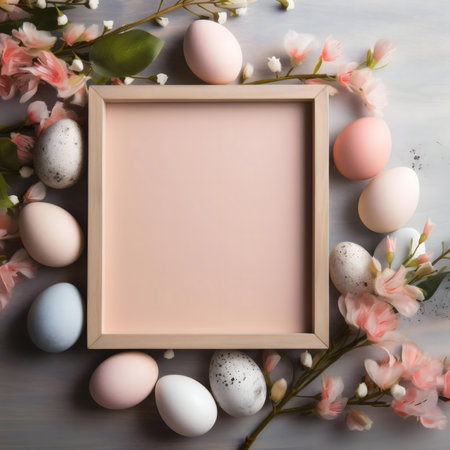 A wooden frame is surrounded by pastel colored eggs and delicate pink blossoms, creating a festive...