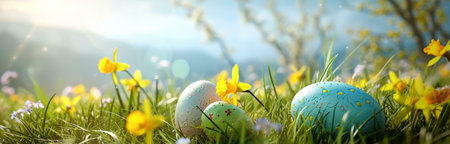 Easter eggs nestled in vibrant spring grass amongst blooming daffodils. A cheerful image.の写真素材